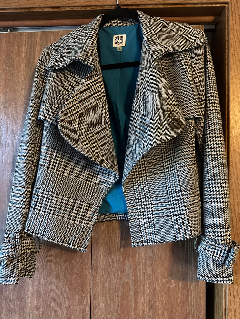 Anne Klein Plaid Draped Women's Jacket - Black, White & blue size 6